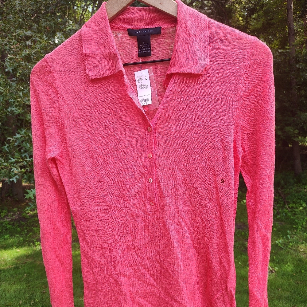 Coral Pink Linen Popover Top Long Sleeve Collared Half Button Up Summer Beachy S